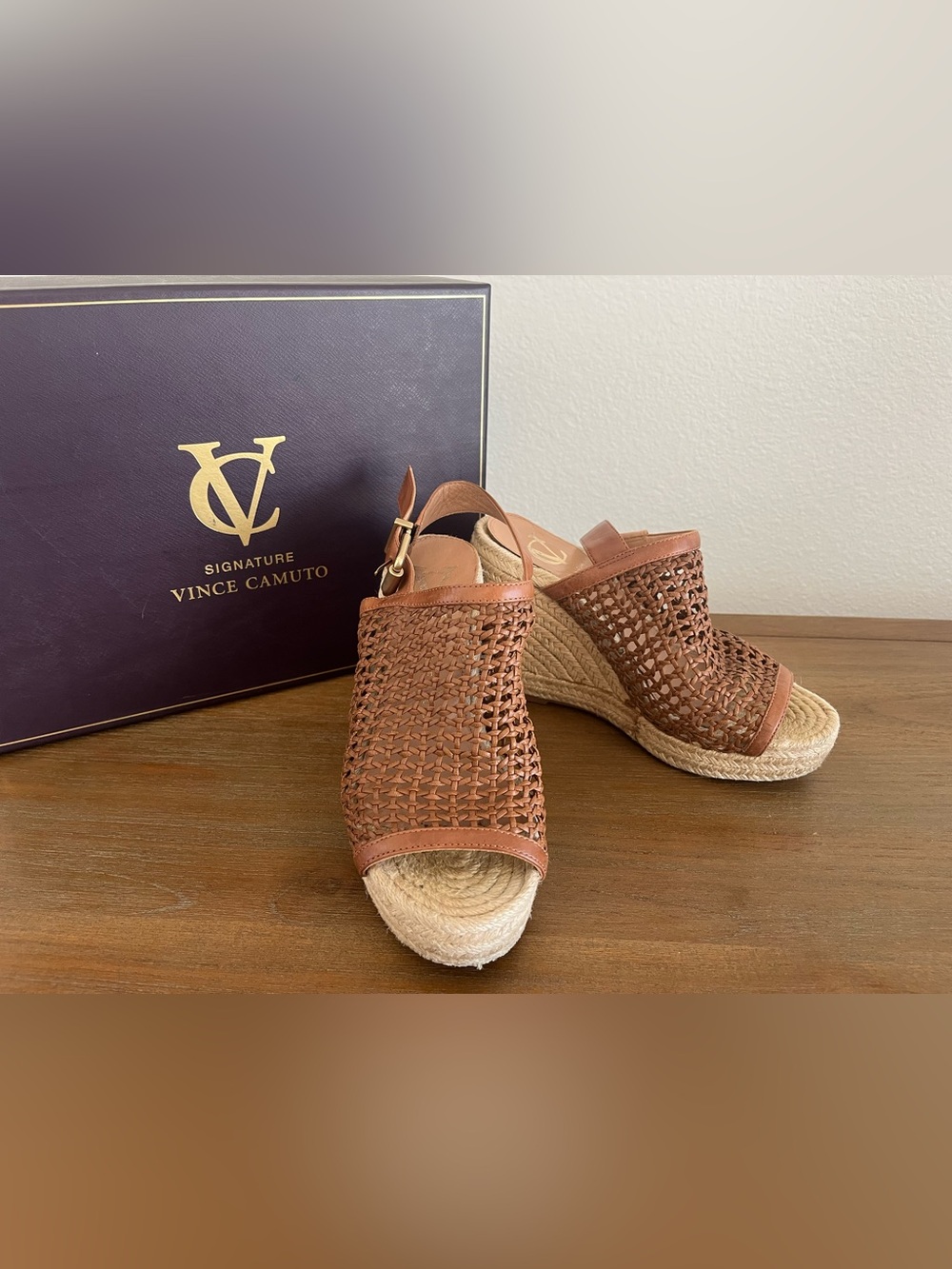 🍁LAST CALL - Vince Camuto Signature Via-Davonna Woven Leather Espadrille Wedges